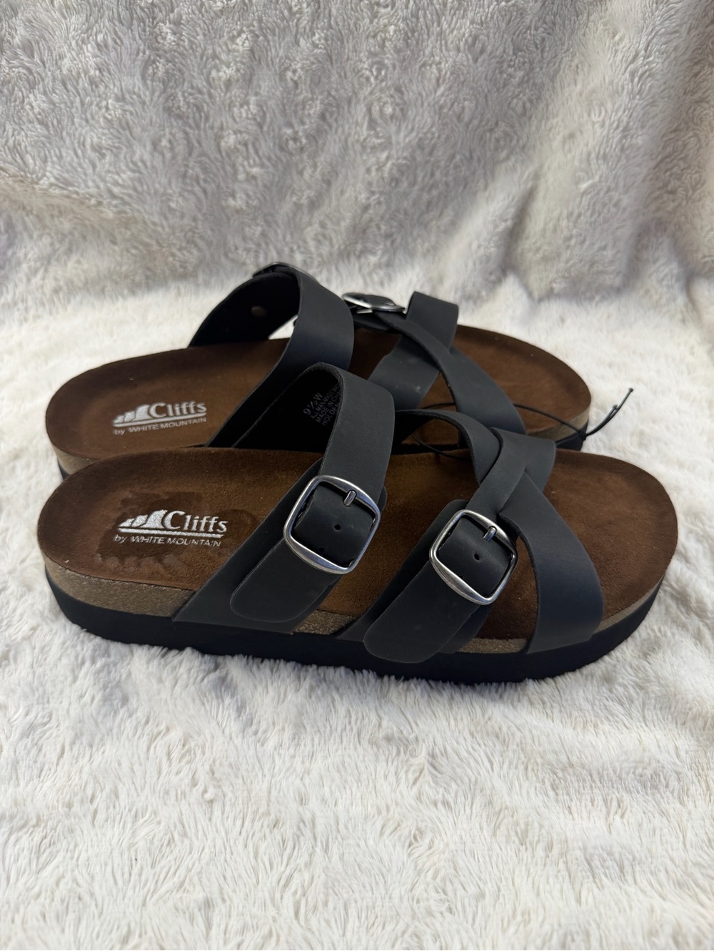Cliffs by White Mountain Black Buckle Strappy Adjustable Slide Sandals US 9.5W